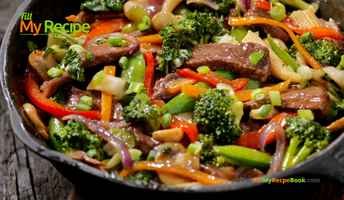 Summer Beef Strips Stir Fry recipe. An easy and quick healthy warm meal for lunch or dinner for a family with vegetables and steak and sauce.