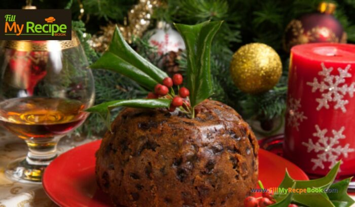 Traditional Christmas Pudding Recipe to create. A delicious steamed fruit dessert with brand, treacle and spices in a bowl, serve with sauce.