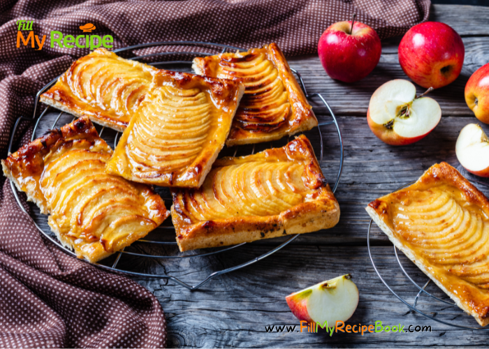 Easy Apple Puff Pastry Turnovers recipe ideas. A simple mini dessert to bake with puff pastry and sweet apples with sugar, cinnamon.