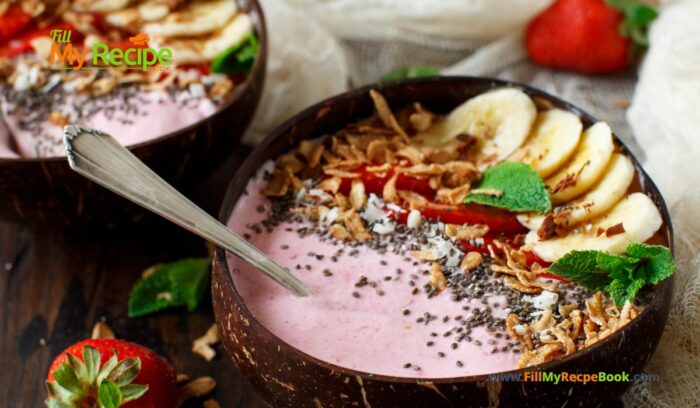 A Healthy Strawberry Banana Smoothie Bowl recipe idea for a quick and filling breakfast with Greek yogurt and granola sweetened with honey.