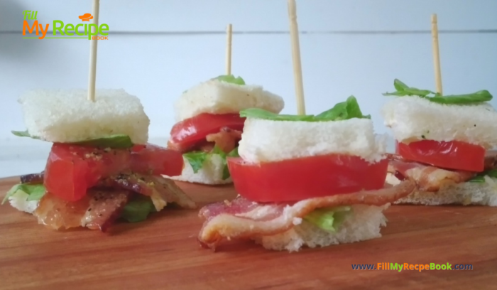 Mini BLT Toothpick Appetizers recipe idea for a party. Great finger food sandwich that are a one bite savory appetizer on toothpick skewers.