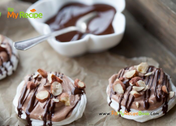 Mini Chocolate and Hazel Nut Pavlova. This is a creamy chocolate and hazelnut paste filled mini pavlova for dessert or tea time.