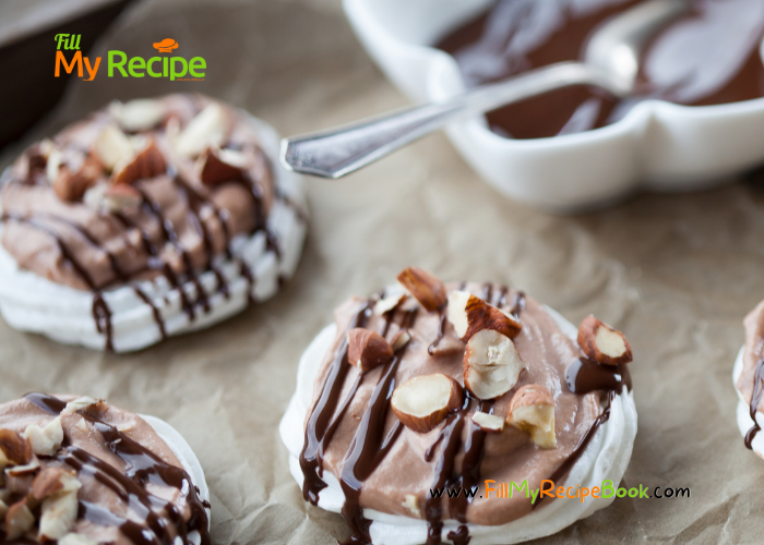 Mini Chocolate and Hazel Nut Pavlova. This is a creamy chocolate and hazelnut paste filled mini pavlova for dessert or tea time.