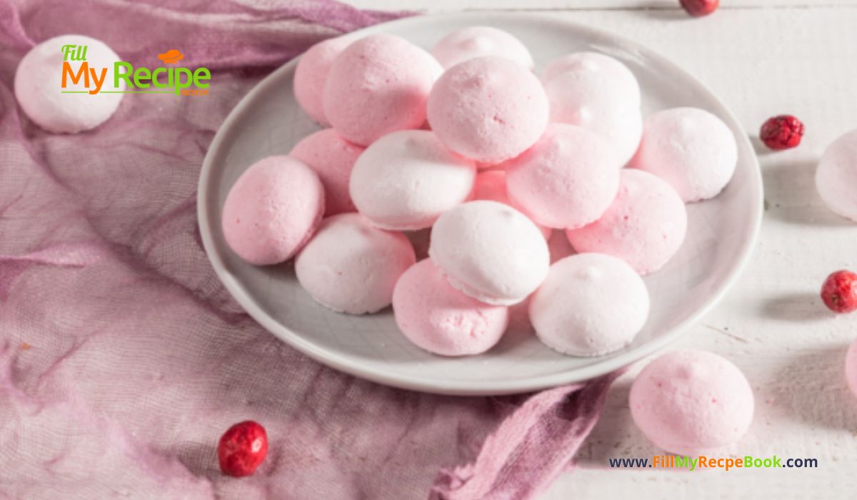 Mini Pink Meringue Kisses recipe idea. Pink meringues dessert with organic dried strawberry or raspberries powder or food coloring.