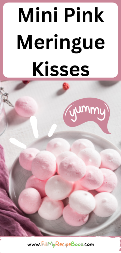 Mini Pink Meringue Kisses recipe idea. Pink meringues dessert with organic dried strawberry or raspberries powder or food coloring.