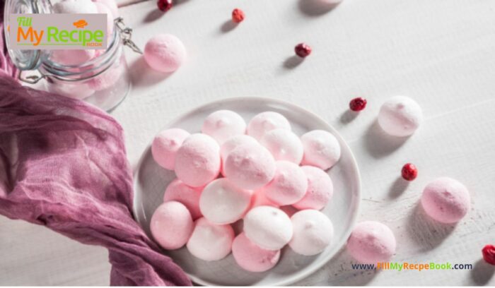 Mini Pink Meringue Kisses recipe idea. Pink meringues dessert with organic dried strawberry or raspberries powder or food coloring.