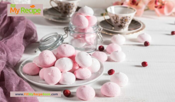 Mini Pink Meringue Kisses recipe idea. Pink meringues dessert with organic dried strawberry or raspberries powder or food coloring.