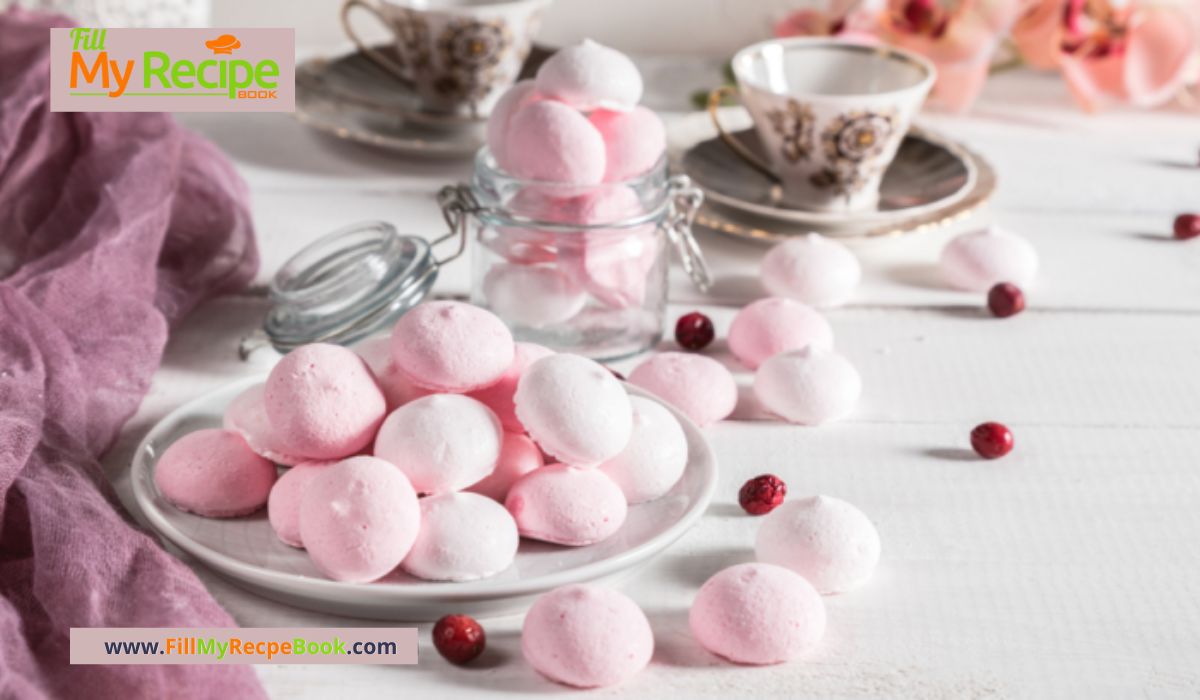 Mini Pink Meringue Kisses recipe idea. Pink meringues dessert with organic dried strawberry or raspberries powder or food coloring.