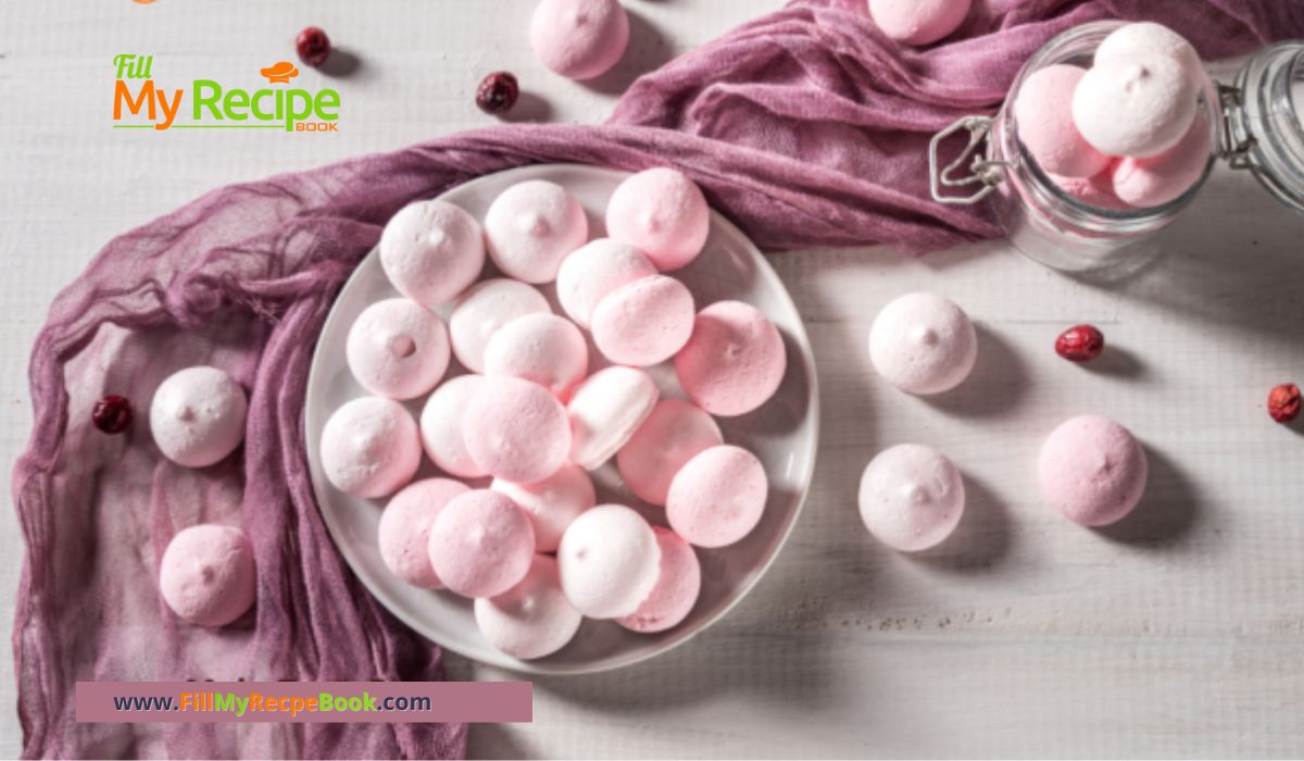 Mini Pink Meringue Kisses recipe idea. Pink meringues dessert with organic dried strawberry or raspberries powder or food coloring.