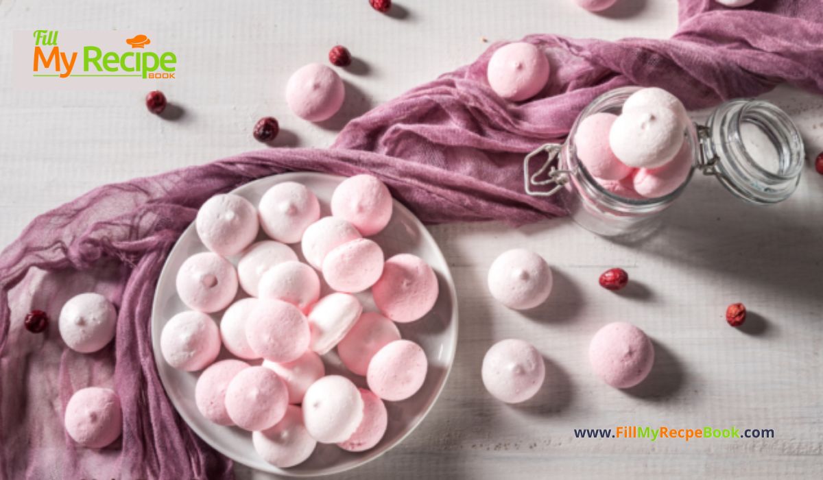 Mini Pink Meringue Kisses recipe idea. Pink meringues dessert with organic dried strawberry or raspberries powder or food coloring.