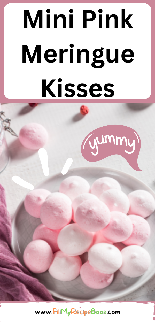 Mini Pink Meringue Kisses recipe idea. Pink meringues dessert with organic dried strawberry or raspberries powder or food coloring.