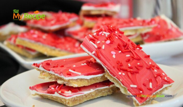 Saltine Cracker Toffee Candy recipe. Easy tasty toffee crack candy treat to make and share on Valentines day or other holidays, with family.