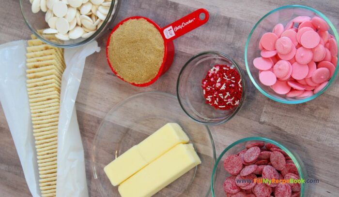 ingredients. Saltine Cracker Toffee Candy recipe. Easy tasty toffee crack candy treat to make and share on Valentines day or other holidays, with family.