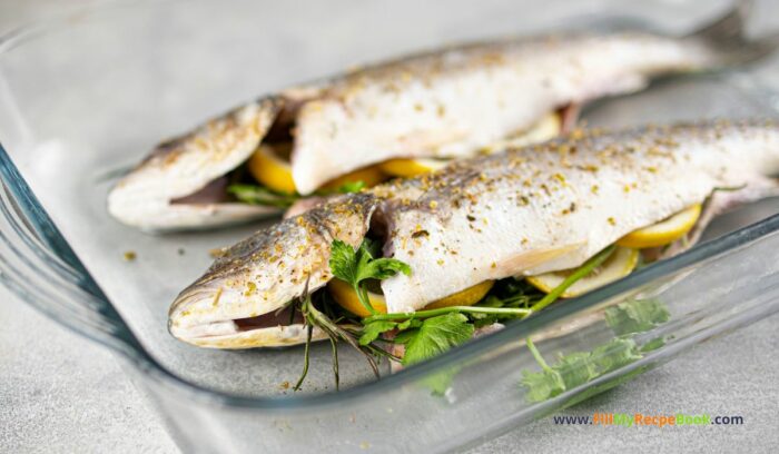 Simple Oven Baked Sea Bass Recipe idea. A whole fresh sea bass fish baked in a dish for a healthy dinner or lunch with sides of choice.