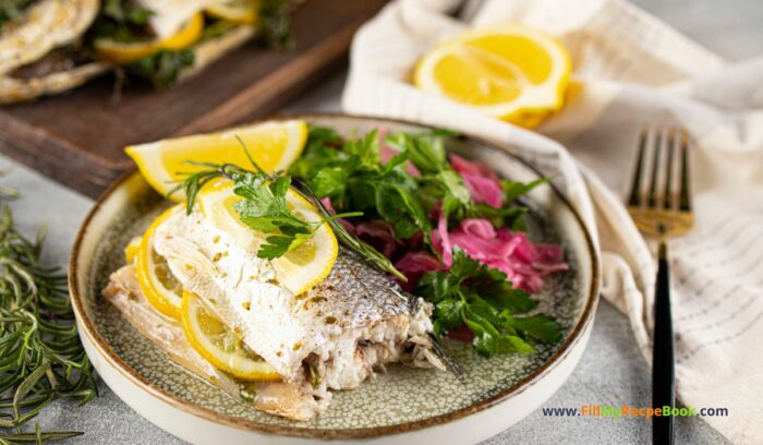 Simple Oven Baked Sea Bass Recipe idea. A whole fresh sea bass fish baked in a dish for a healthy dinner or lunch with sides of choice.