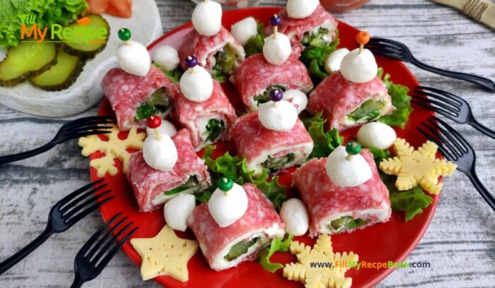 Smoky Salami Cream Cheese Appetizer recipe idea for Christmas and parties. An easy cold roll up on skewer stick with pickles.