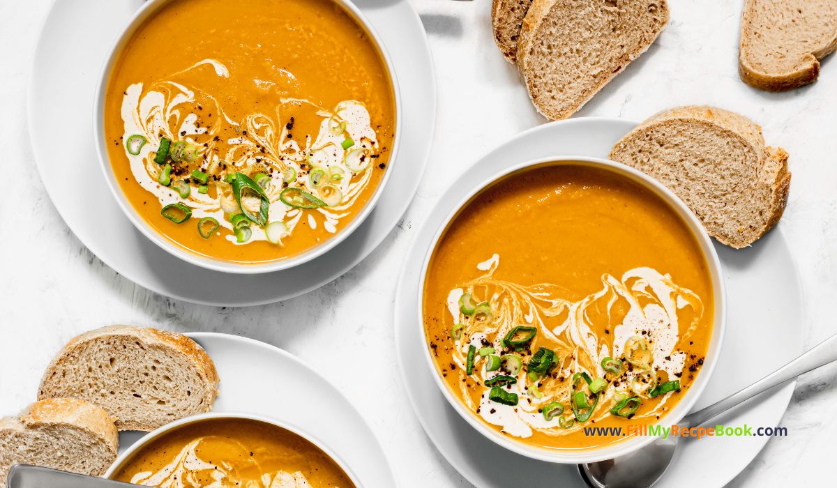 Tasty Butternut Squash Soup recipe. Healthy homemade oven Roasted butternut and onion soup blended with sour cream, spices for warm meal.
