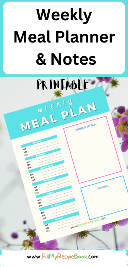 Weekly Meal Planner and Notes ideas planner for those who shop weekly. Make notes and list what you need for recipes during the week days.