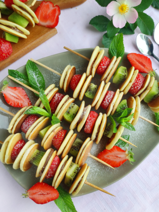Mini Nutella Pancakes and Fruit Skewers recipe idea. An easy breakfast or brunch even kids can put together for special occasions.