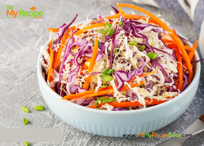 Crunchy Coleslaw Salad and Sauce recipe idea to add to braai’s, barbecue meals as a cold side dish. Healthy summer salad with dressings.