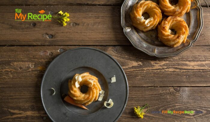 Mini Carrot Cake with White Chocolate recipe idea. A mini Bundt shape bite for a fine dining dessert, topped with shaved white chocolate.