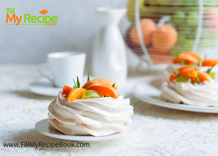 Mini Peaches and Cream Pavlova Recipe. A fine dining desserts or special platter or finger snack decorated with yellow cling peaches.
