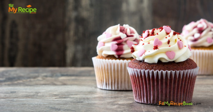 Valentines Vanilla Frosted Cupcakes decorated with heart sprinkles, a chocolate and vanilla cup cake recipe for dessert for valentine.