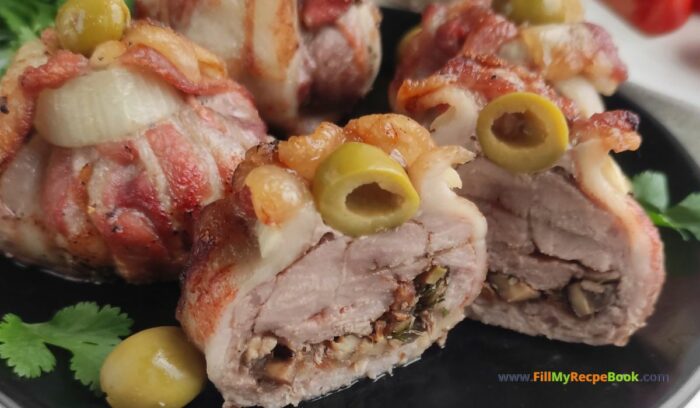 Bacon Wrapped Pork Fillet recipe idea. Create and cook at home this easy stuffed oven baked tenderloin for a fine dining dinner or lunch.