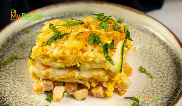 Breakfast Sausage Lasagna Recipe. A healthy family oven baked dish for a holiday brunch, with zucchini and scrambled egg and chicken.