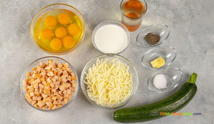 ingredients, Breakfast Sausage Lasagna Recipe. A healthy family oven baked dish for a holiday brunch, with zucchini and scrambled egg and chicken.