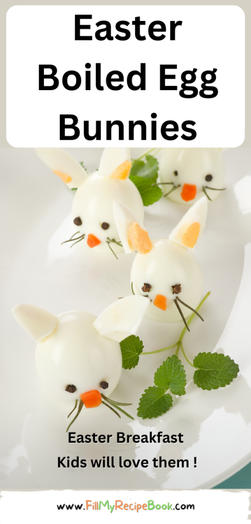 Easy easter boiled egg bunnies idea for breakfast recipe. A DIY healthy hard boiled egg for for snacks or treats kids can decorate.