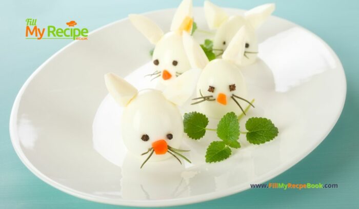 Easy easter boiled egg bunnies idea for breakfast recipe. A DIY healthy hard boiled egg for for snacks or treats kids can decorate.