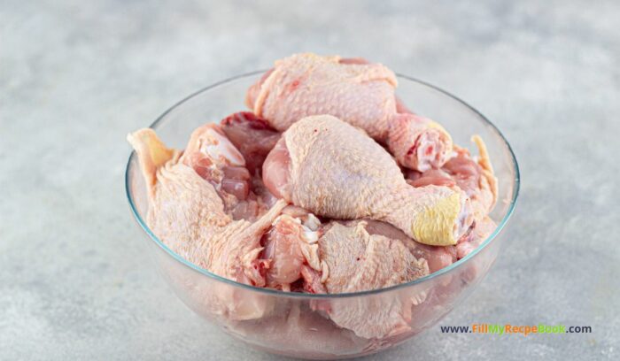 chicken pieces, You can either cut up a whole chicken into at least 8 pieces to fry. Both the legs has two pieces each the two wings, breasts can be cut into halves. Then use some small pieces for nuggets. The tastiest of the chicken. 