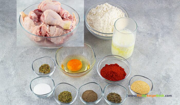 ingredients, Easy Homemade KFC Fried Chicken recipe idea. Tasty chicken pieces fried in a batter with spices for a home meal for family lunch or dinner.