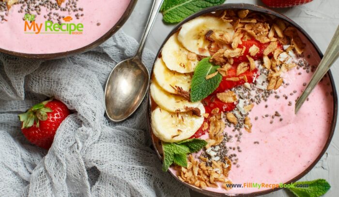 A Healthy Strawberry Banana Smoothie Bowl recipe idea for a quick and filling breakfast with Greek yogurt and granola sweetened with honey.