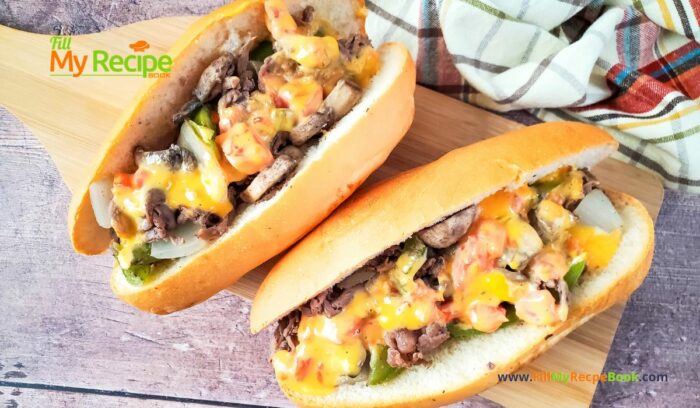 Homemade Cheesesteak Roll or sandwich recipe. The best easy idea for a roll up for lunch or a sub with melted cheese and sliced steak.