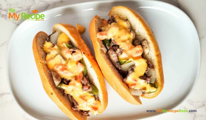 Homemade Cheesesteak Roll or sandwich recipe. The best easy idea for a roll up for lunch or a sub with melted cheese and sliced steak.