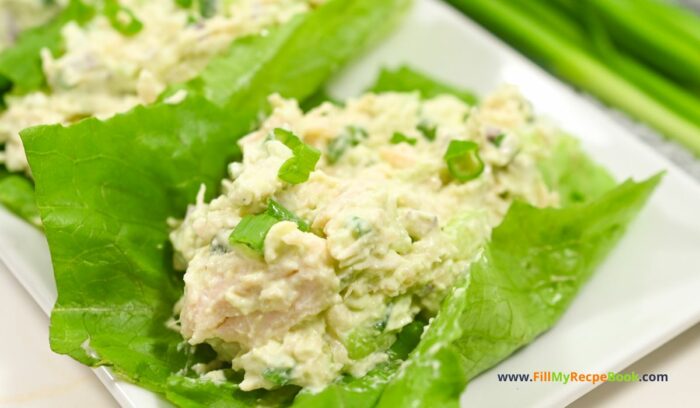 Keto Avocado Chicken Salad Recipe. A healthy simple protein filled chicken lettuce wrap for a meal for lunch or supper for family.