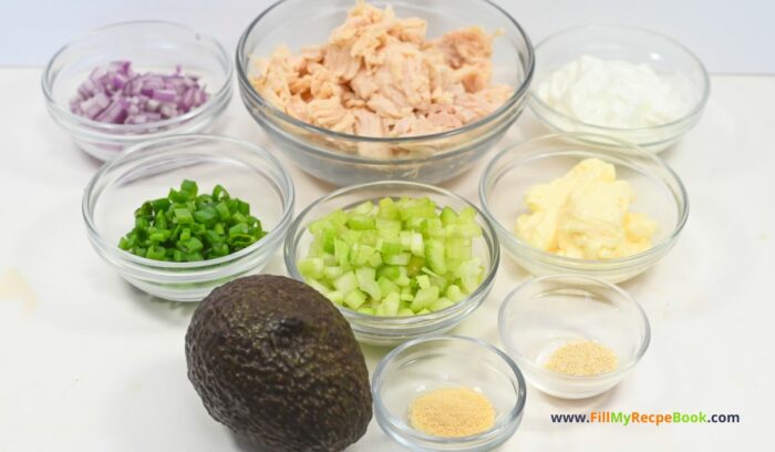 ingredients, Keto Avocado Chicken Salad Recipe. A healthy simple protein filled chicken lettuce wrap for a meal for lunch or supper for family.