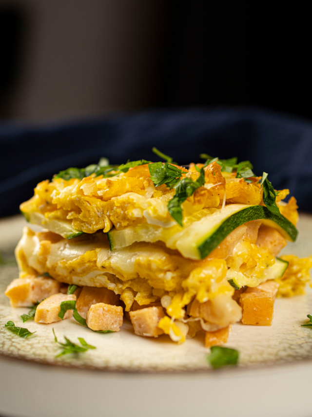 Breakfast Sausage Lasagna Recipe. A healthy family oven baked dish for a holiday brunch, with zucchini and scrambled egg and chicken.