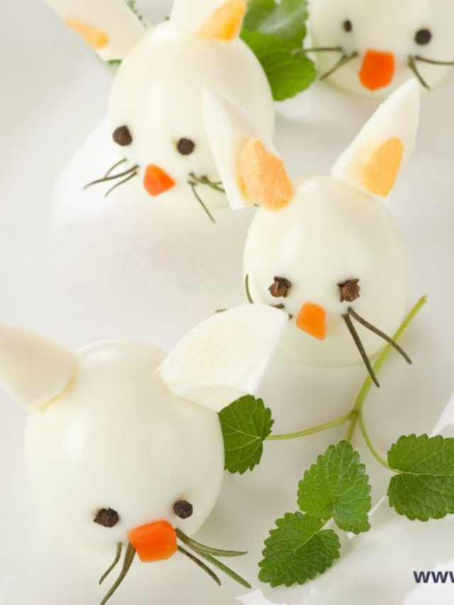 Easy easter boiled egg bunnies idea for breakfast recipe. A DIY healthy hard boiled egg for snacks or treats kids can decorate.