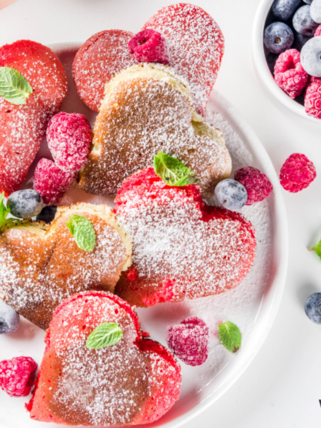 Mini Heart Pancakes with Berries recipe idea. Cook this easy Pink breakfast or snack for Valentines or other special days with fruit.