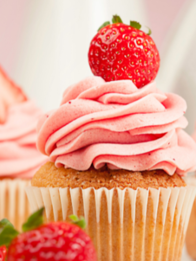 Strawberry Frosted Vanilla Cupcake Recipe. A plain vanilla cupcake with simple fresh strawberry icing idea with sprinkles for dessert.