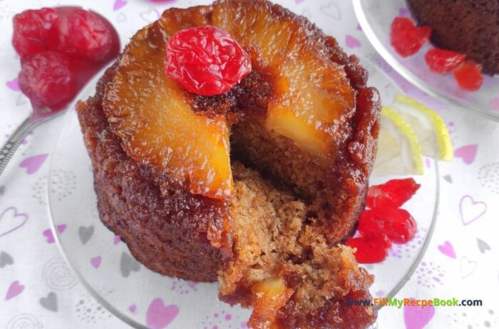 An Easy Caramelized Pineapple Upside Down Mini Cake recipe. Oven Baked for a fine dining dessert from scratch topped with cherries.