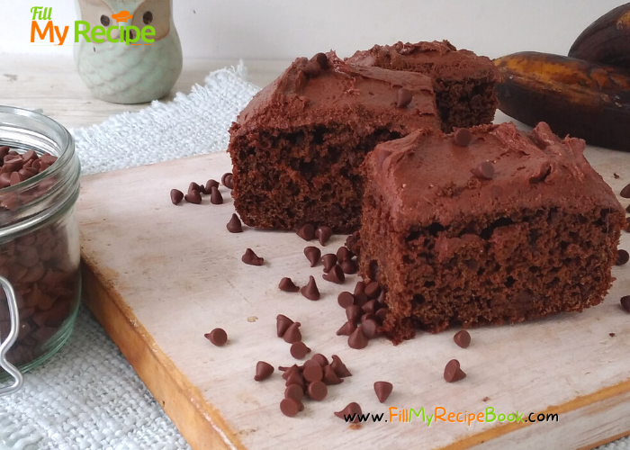 Chocolate Banana Cake Recipe with Chocolate Chips, frosted with chocolate cream cheese icing. An easy and healthy moist chocolate cake.