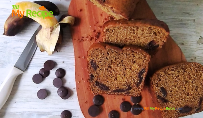 Easy Chocolate Chip Banana Bread recipe. Healthy banana bread that is easy and kids love the surprise of chocolate chips in the slices.