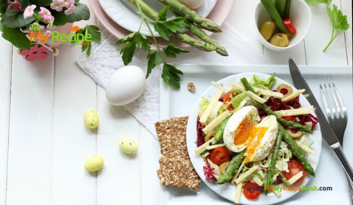 Easter Holiday Spring Breakfast Salad recipe idea. A healthy easy bowl of salad for brunch with egg and sautéed asparagus with a dressing.