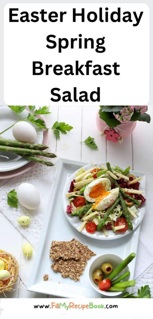 Easter Holiday Spring Breakfast Salad recipe idea. A healthy easy bowl of salad for brunch with egg and sautéed asparagus with a dressing.