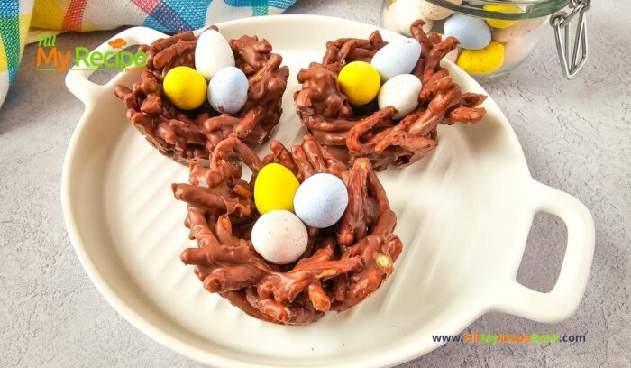 Easter Nest Haystack Treats recipe for snacks. Easy enough for kids to help make, with a chocolate nest and mini candy colorful coated eggs.