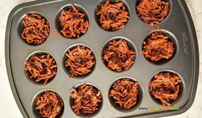 Easter Nest Haystack Treats recipe for snacks. Easy enough for kids to help make, with a chocolate nest and mini candy colorful coated eggs.